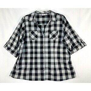 Cato Blouse Womens 22/24W Black White Plaid Button Up 3/4 Sleeve Shirt Top